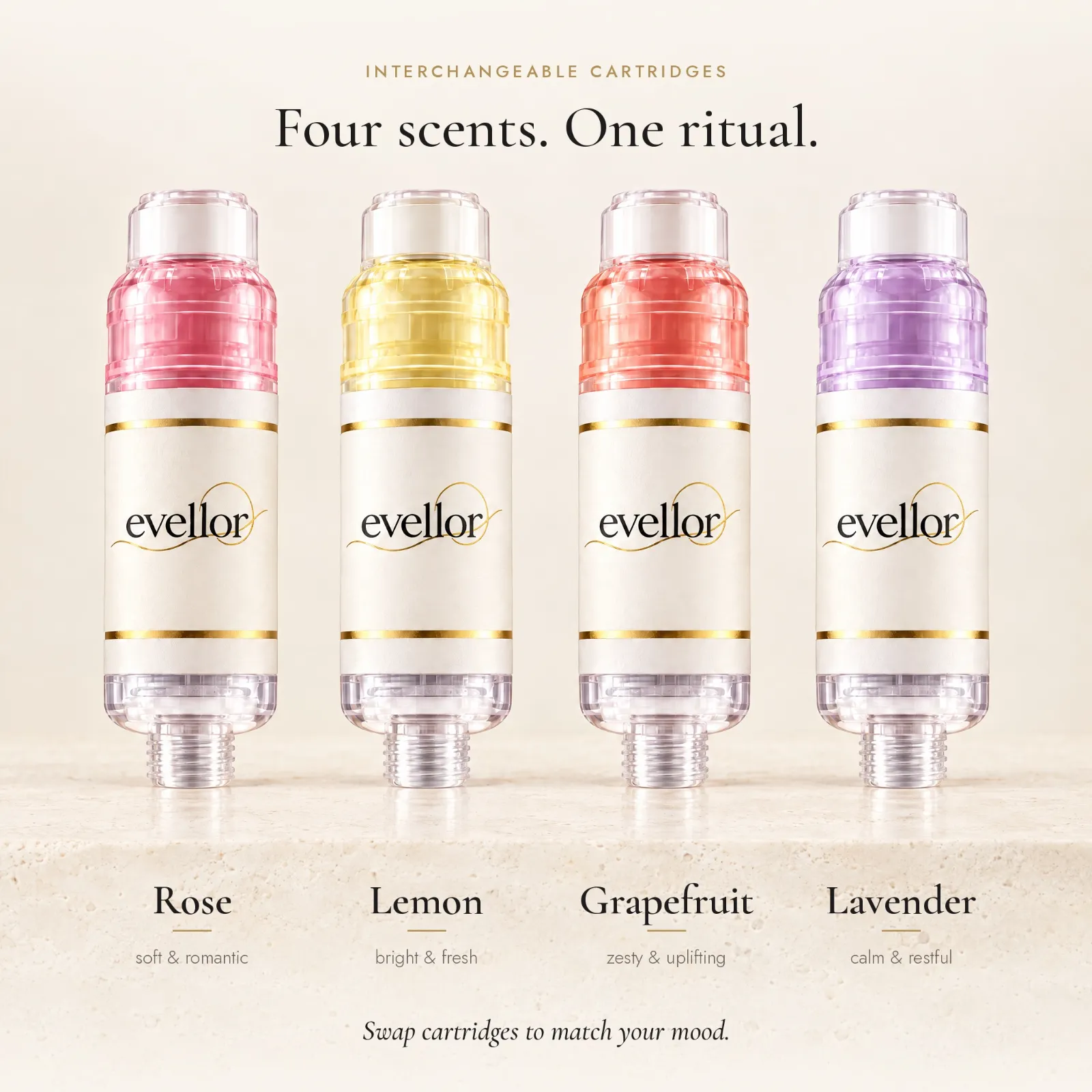 Evellor interchangeable shower filter cartridges in rose, lemon, grapefruit and lavender
